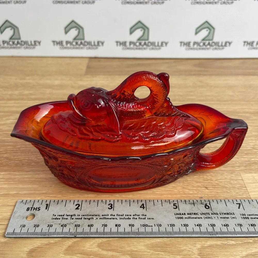 Vintage Amberina Glass Koi Fish Covered Gravy Boat Dish Red Orange 7 Inch